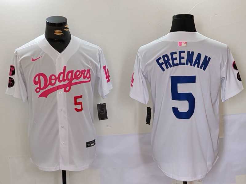Men's Los Angeles Dodgers #5 Freddie Freeman White Pink Vin & Kobe Patch Stitched Baseball Jerseys,We sell and wholesale Men's Los Angeles Dodgers #5 Freddie Freeman White Pink Vin & Kobe Patch Stitched Baseball Jerseys on line form chian!